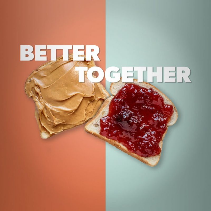 Two slices of bread, one with peanut butter and another with jelly, with the words Better Together overlaying them
